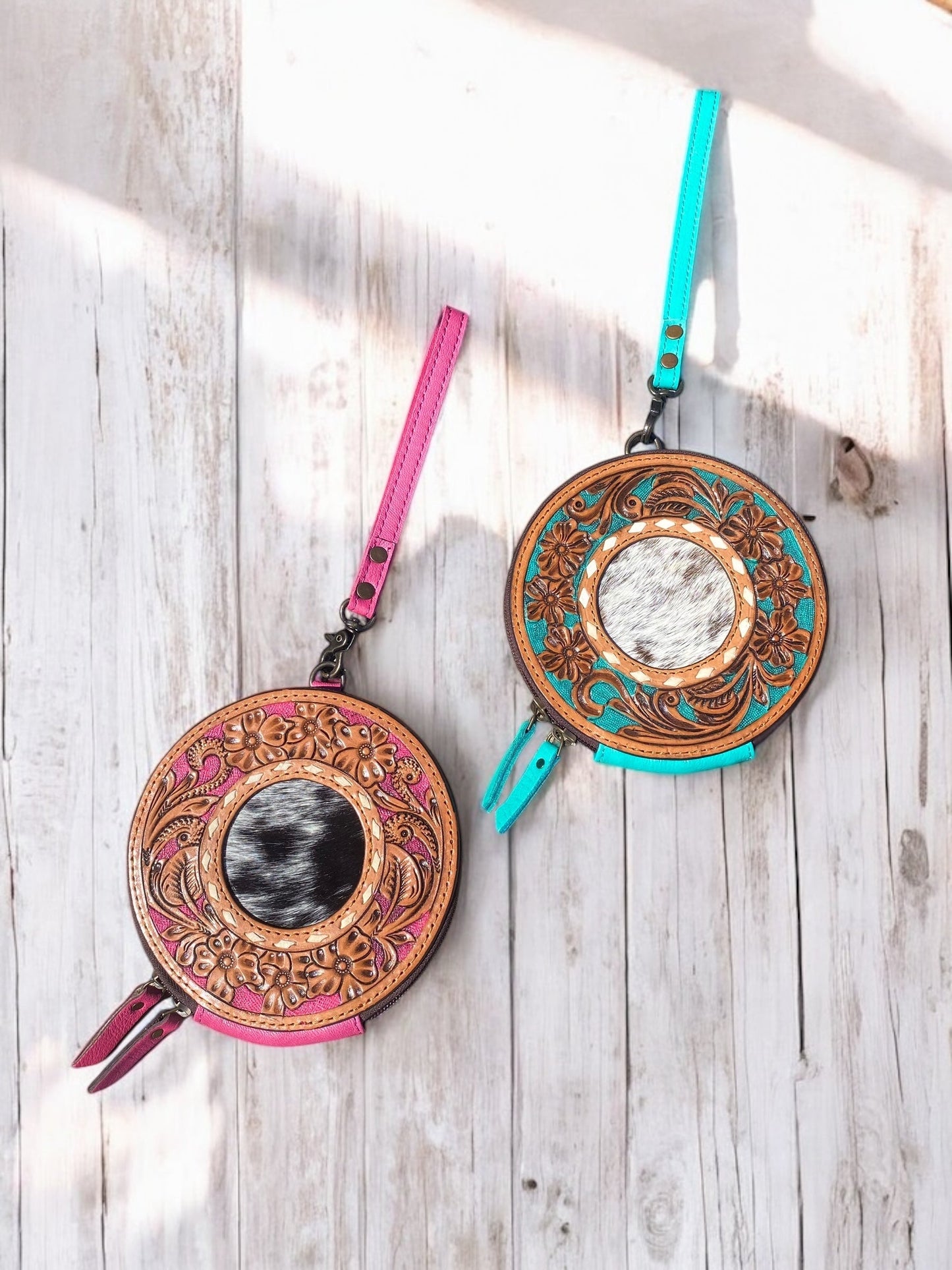 Pink Tooled Leather Round Wristlet