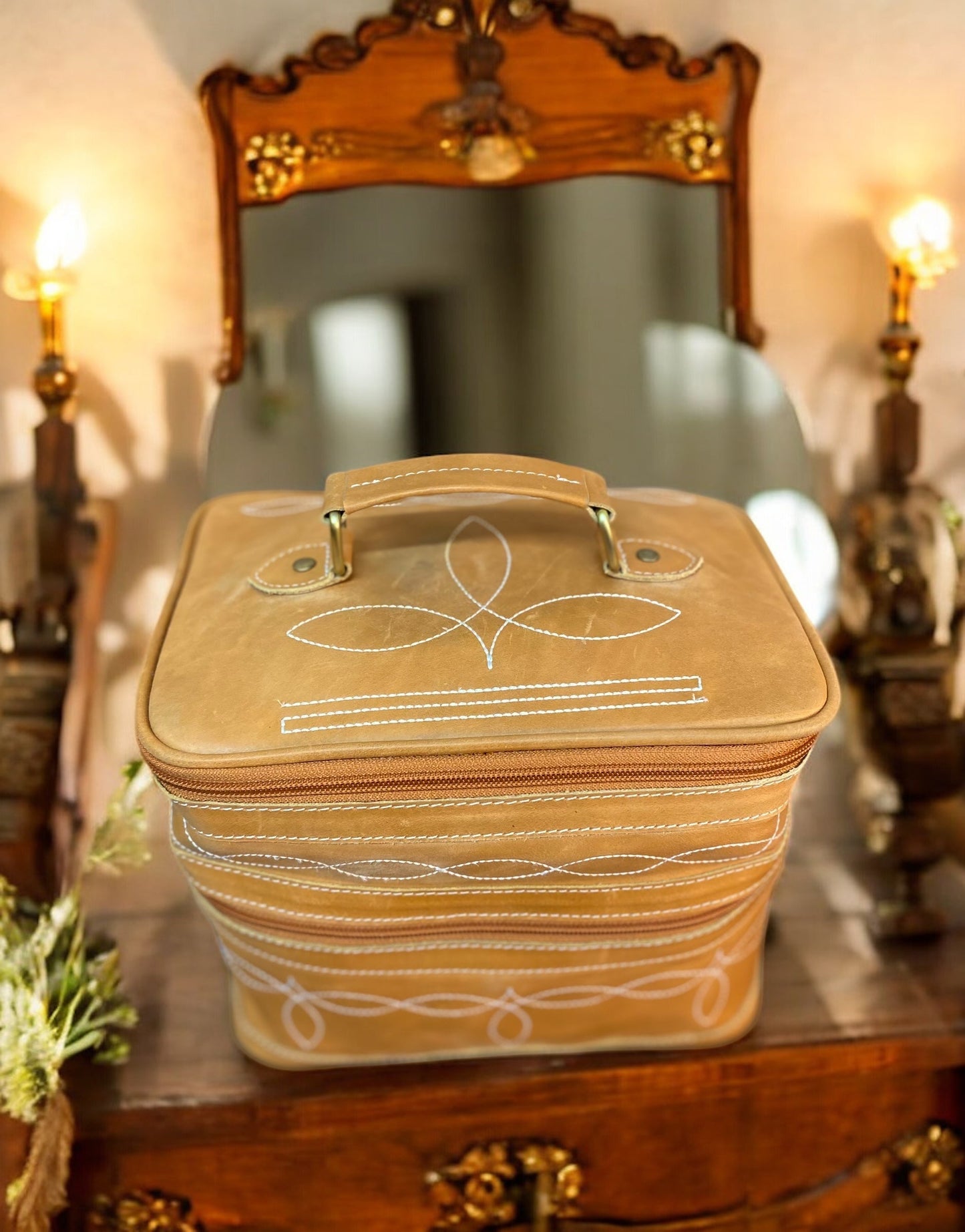 Tan BootStitch Hand Mirror Makeup Box