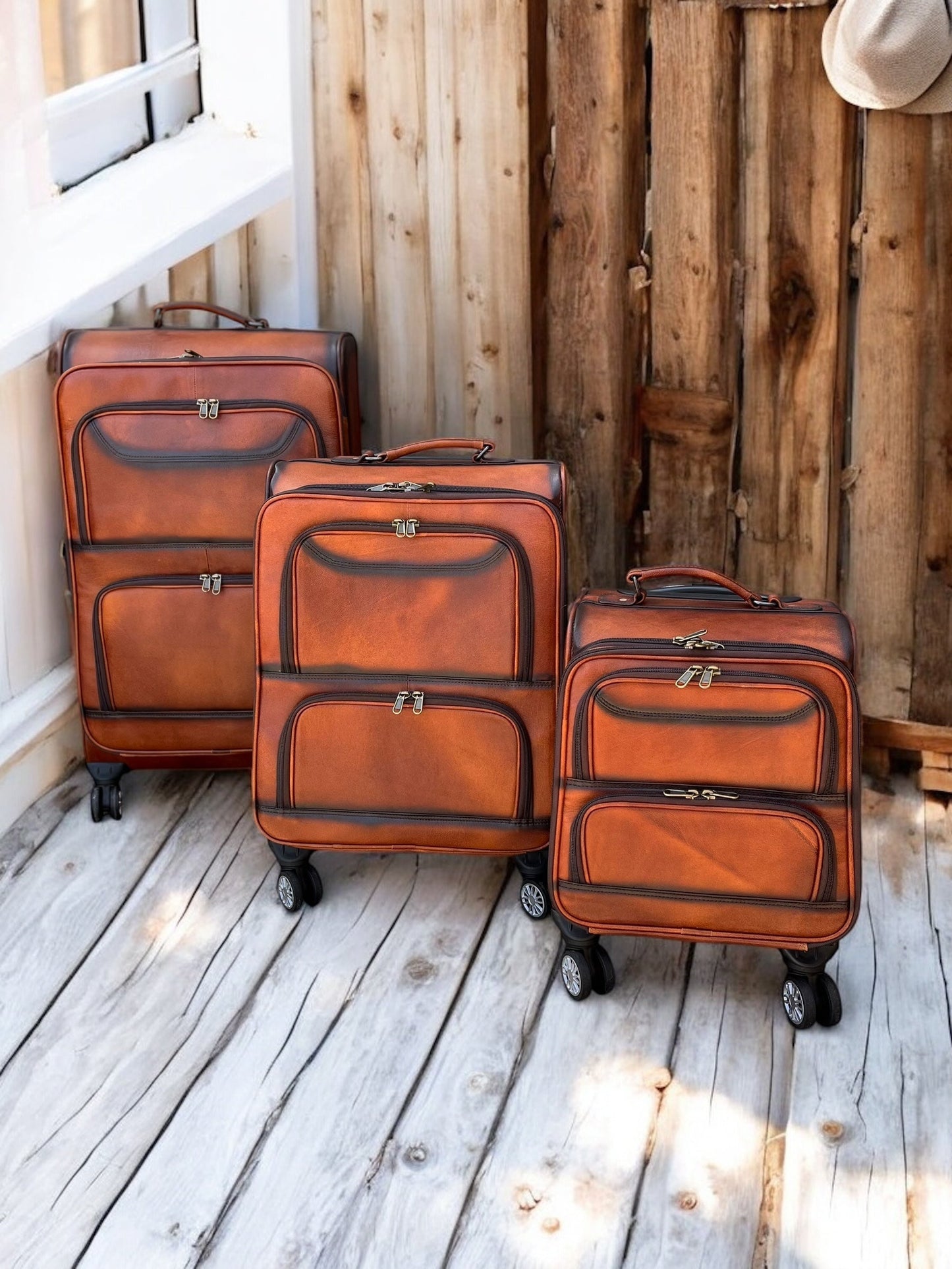 Small Burn Leather Rolling Suitcase Carry Luggage