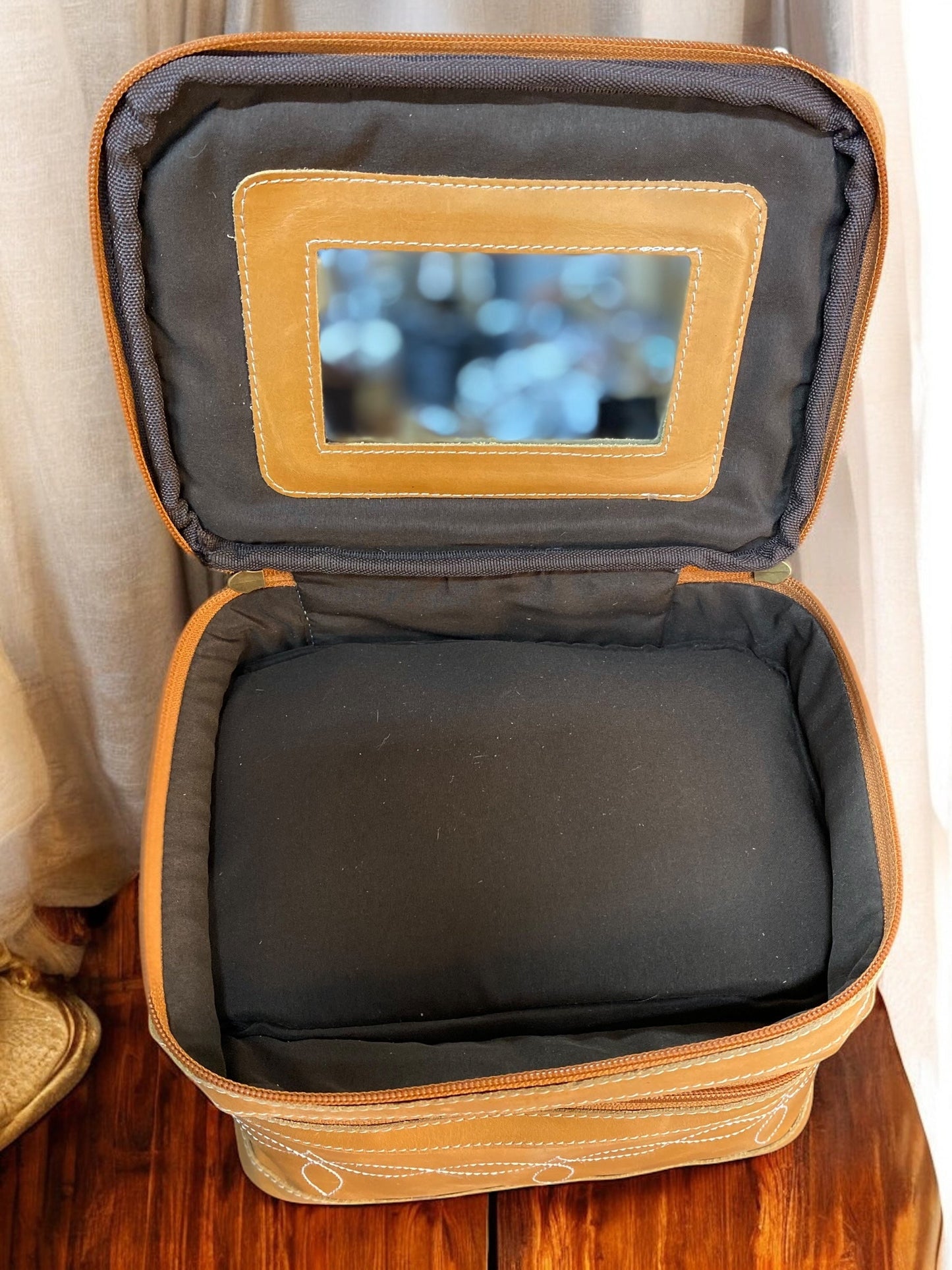 Tan BootStitch Hand Mirror Makeup Box