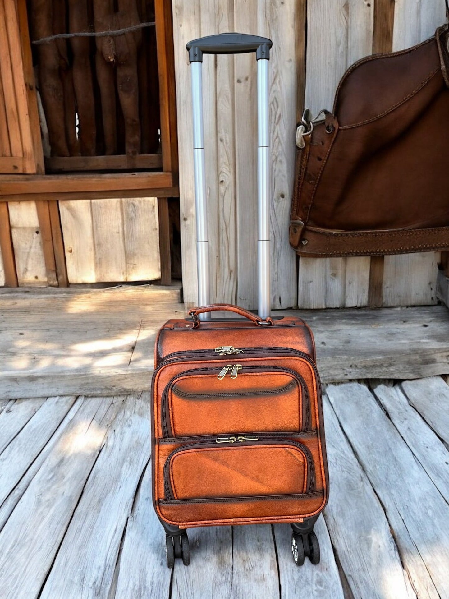 Small Burn Leather Rolling Suitcase Carry Luggage