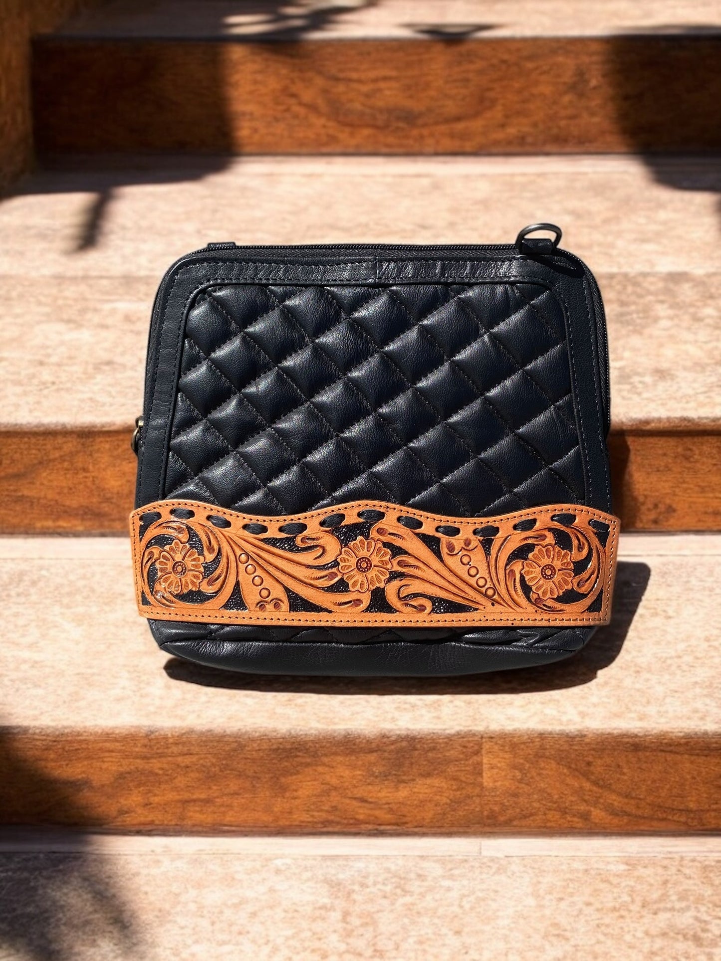 Black Genuine Tooled Leather Crossbody