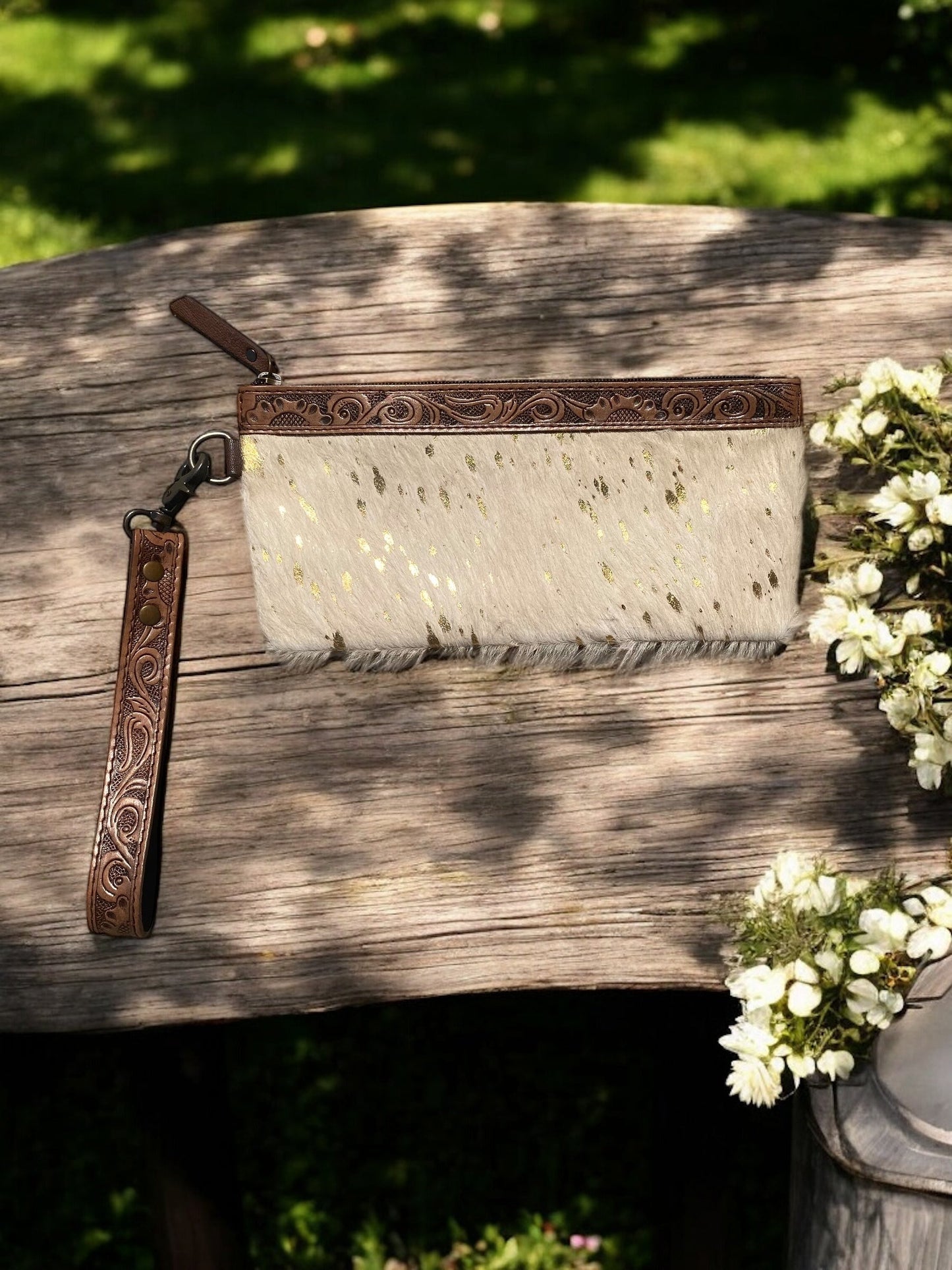 Gold Acid Wash Cowhide Fringe Long Wristlet