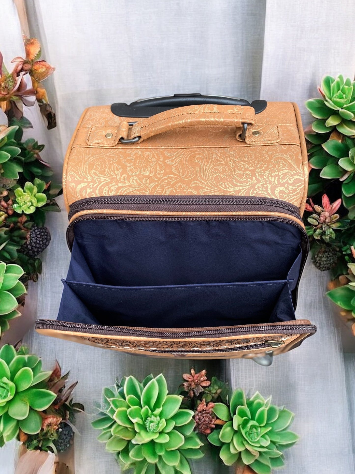 Mini Tan Rolling Carry Luggage Tooled Leather