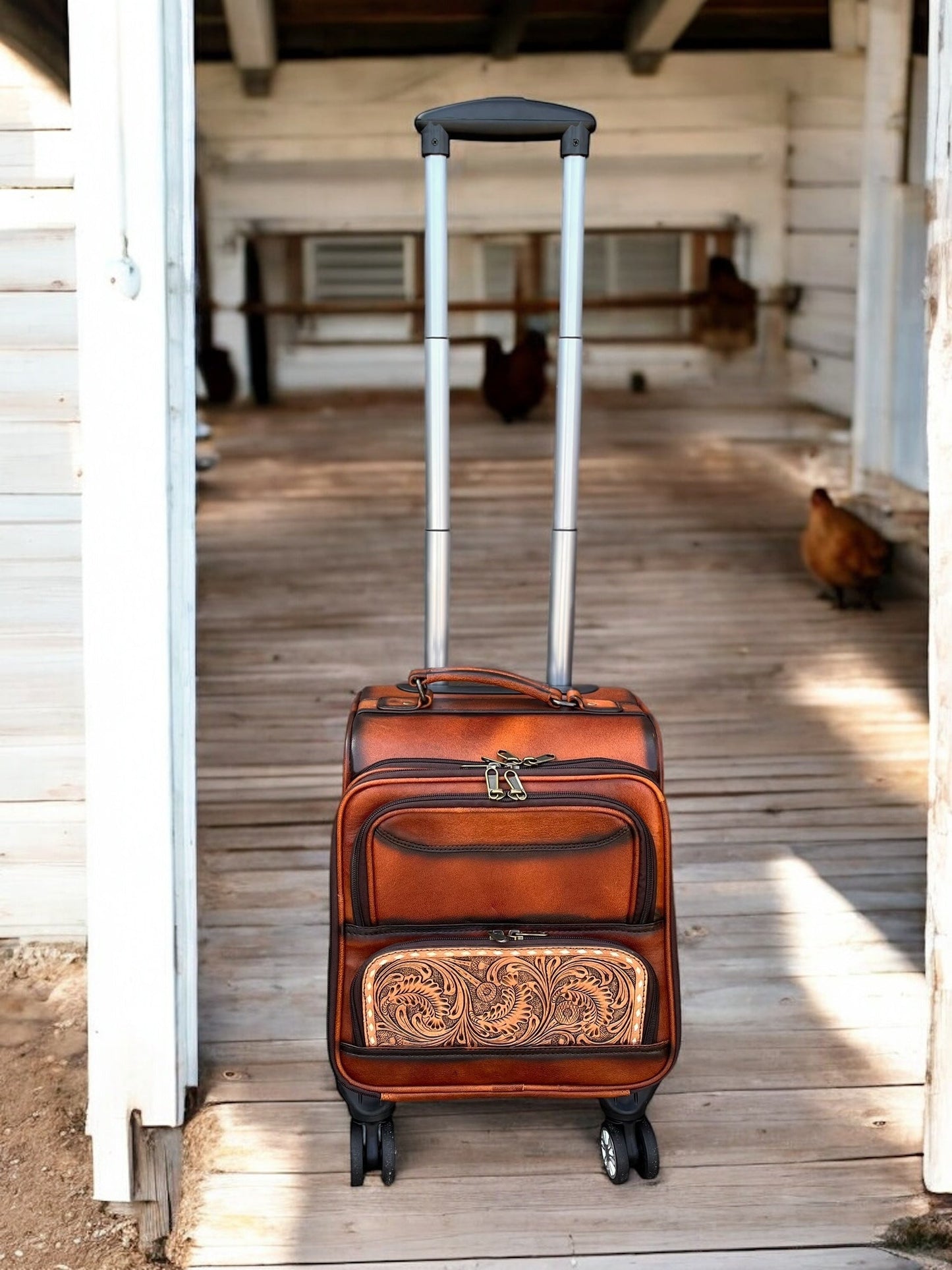 Small Burn Tooled Leather Rolling Suitcase Carry Luggage