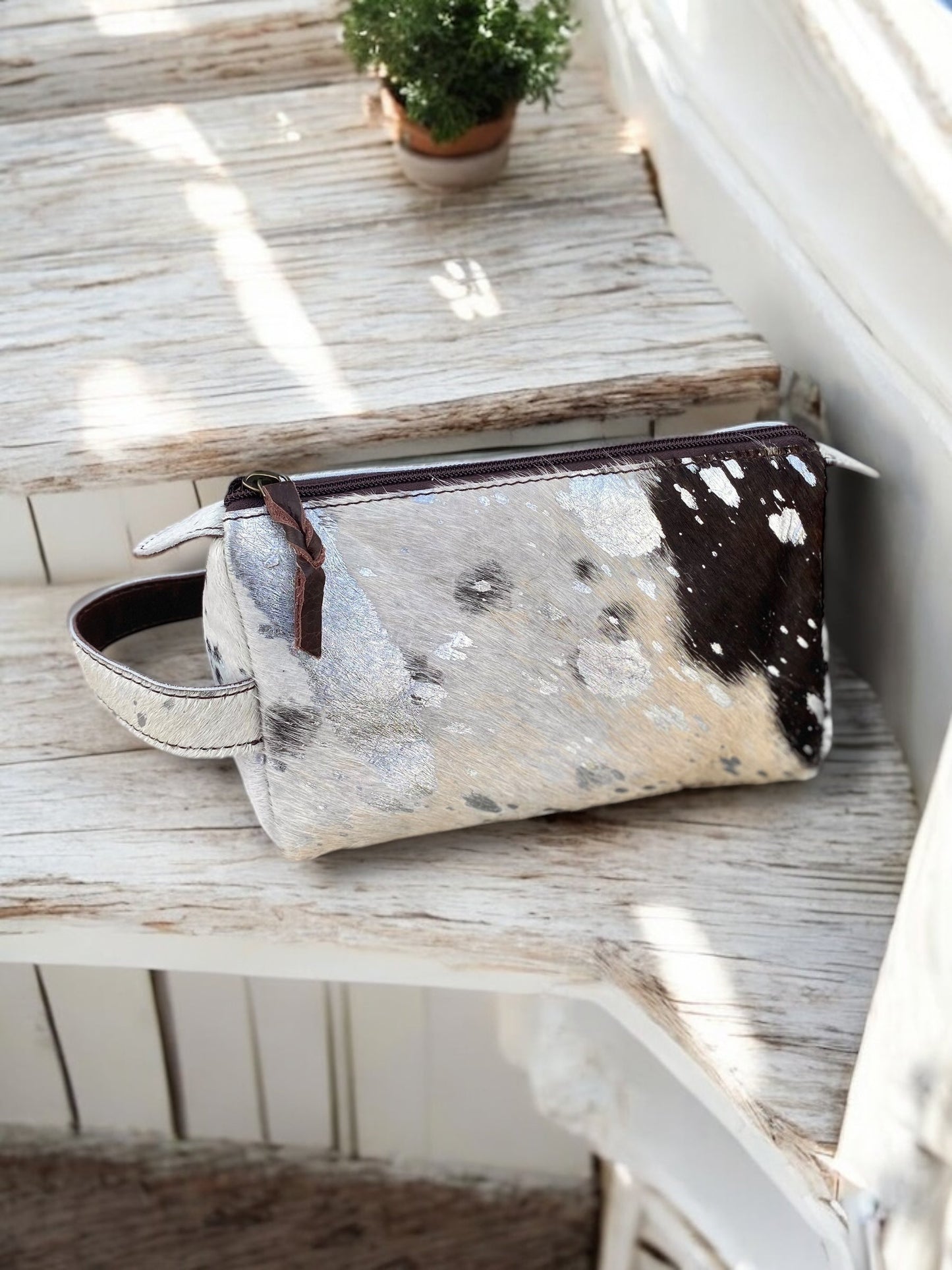 Cowhide Acid Wash Silver Toiletry Bag