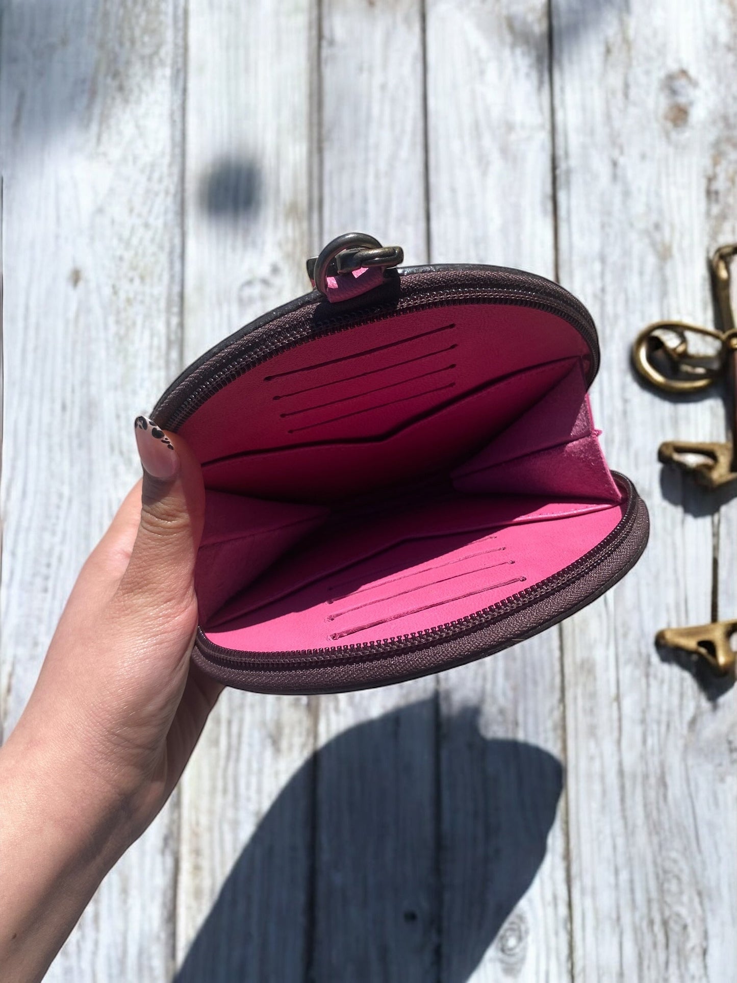 Pink Tooled Leather Round Wristlet