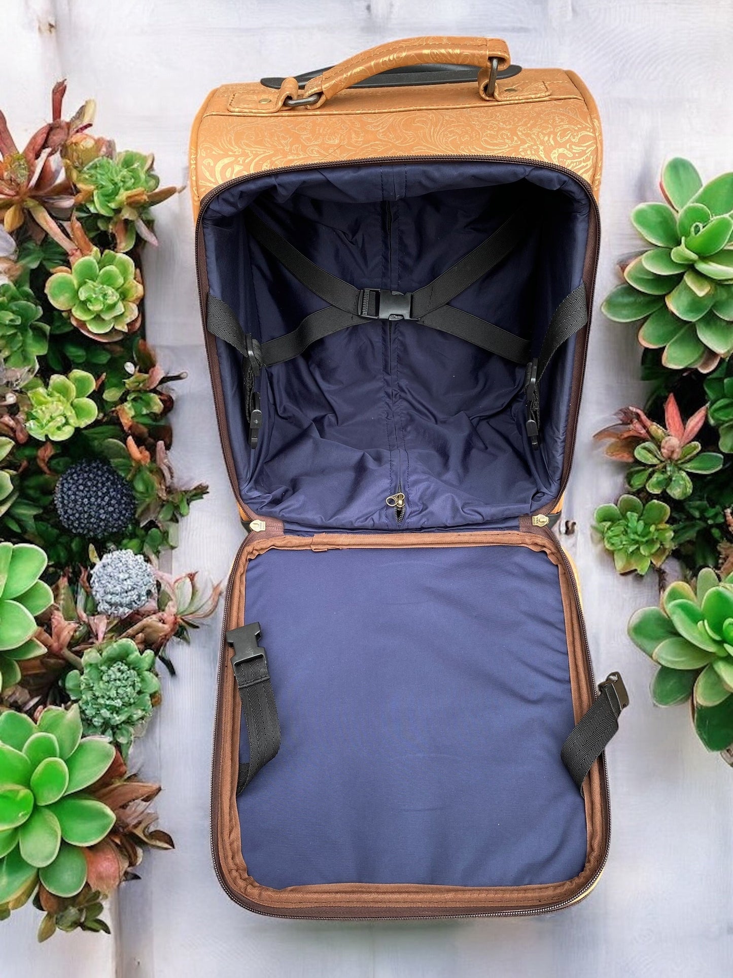 Mini Tan Rolling Carry Luggage Tooled Leather