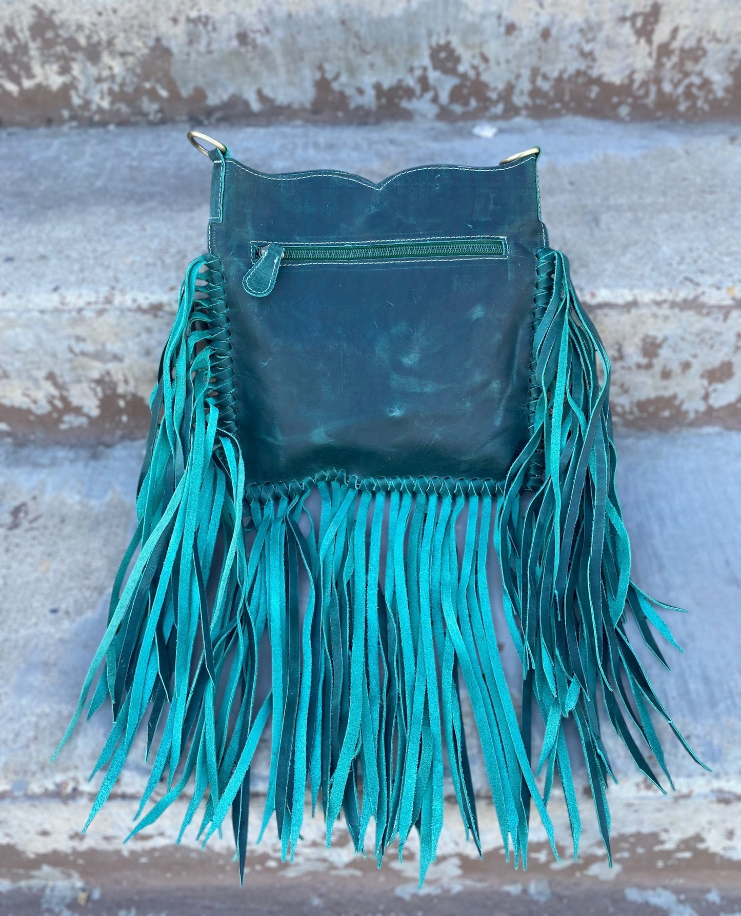 BootStitch Emerald Leather Crossbody Fringe