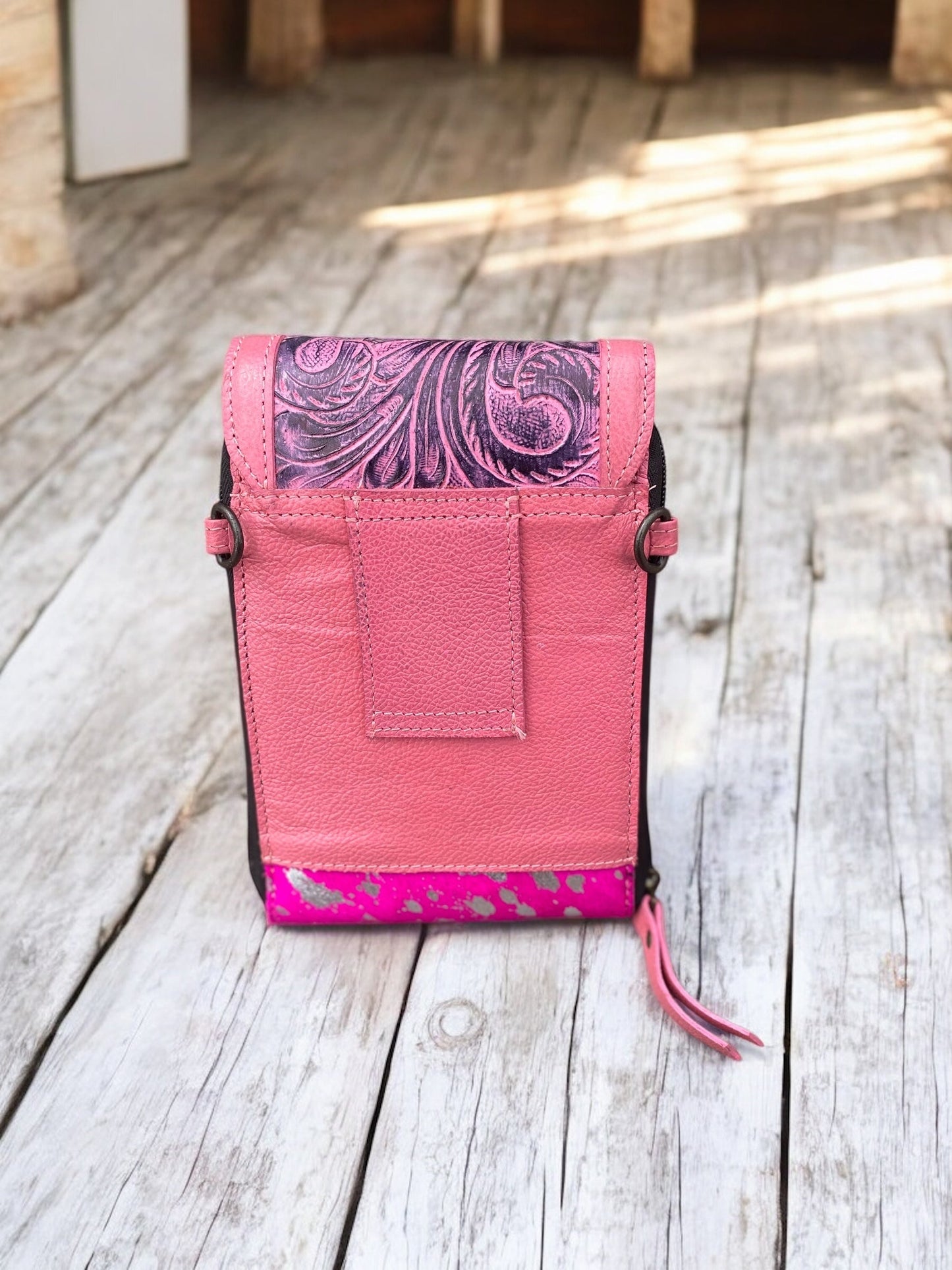 Pink Acid Wash Silver Cowhide & Tooled Crossbody