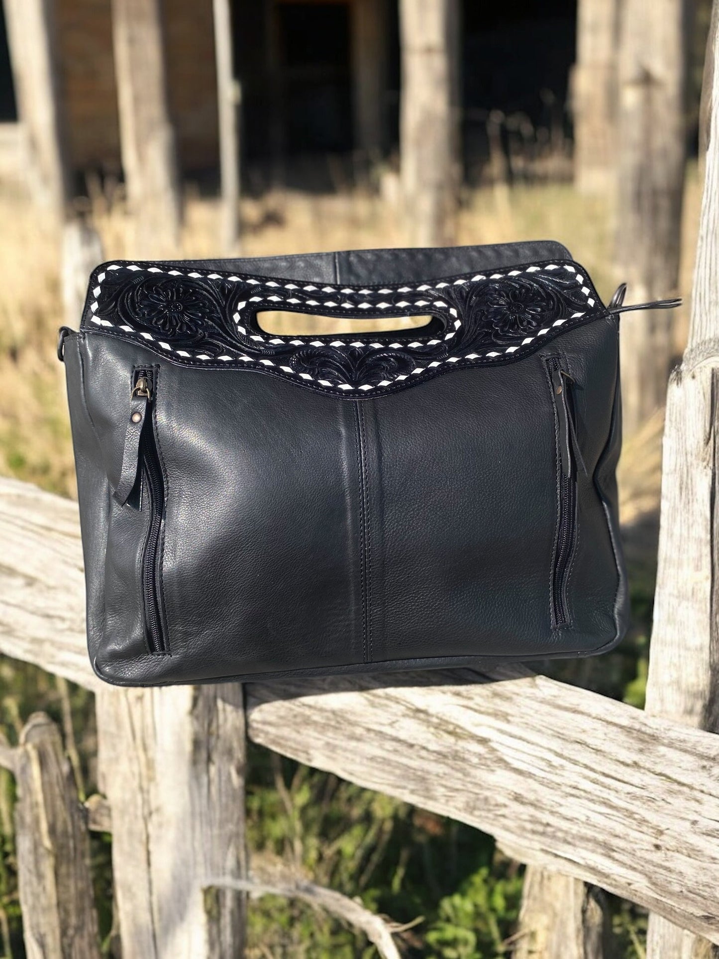 Black Handcrafted Tooled Leather Bag