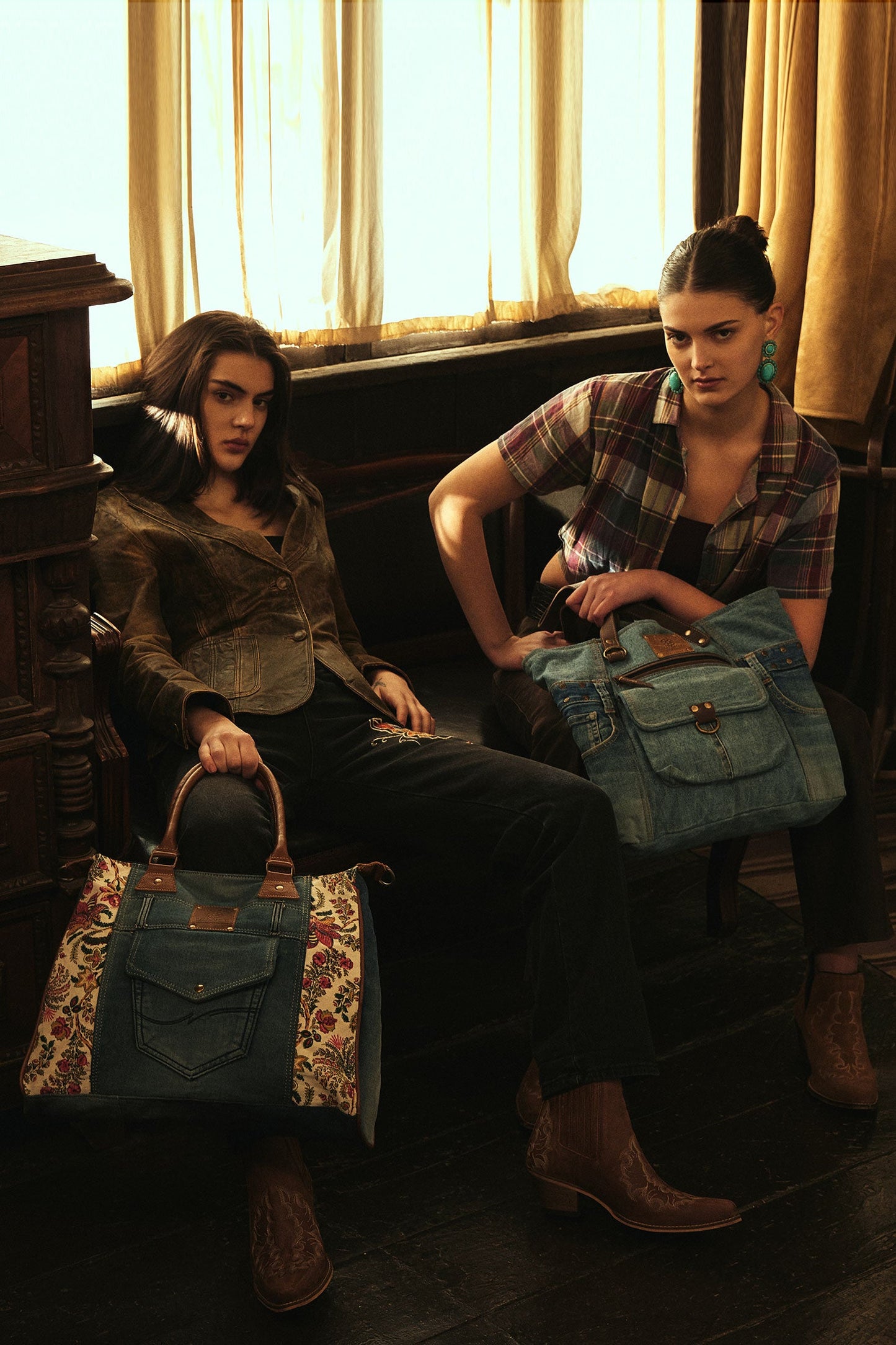 Myra Ashley Adventure Denim Leather Tote Bag - Multi-Compartment Western Bag with Sturdy Leather Handles for Easy Carry