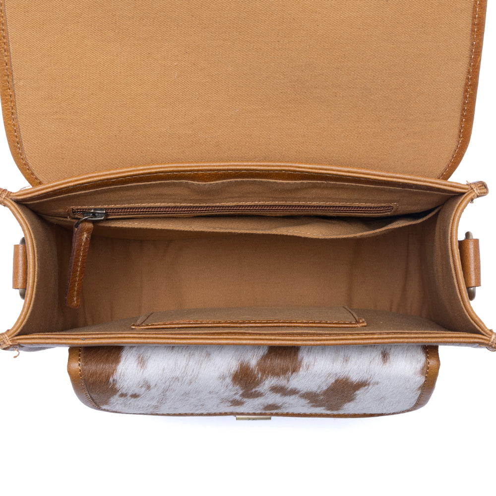 Myra Cedar Range Handtooled Hairon Buckle Leather Bag in Chestnut Ivory