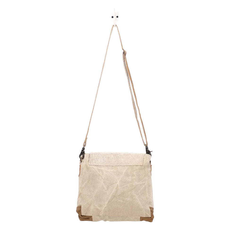 Myra Factual Hairon Leather Messenger Bag – Swirl Canvas, White Hairon Flap, Rustic Straps for Everyday Western Style