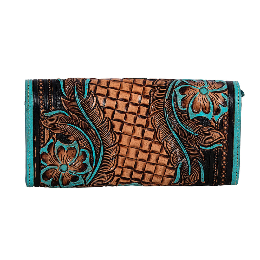 Myra Flower Crest Tooled Leather Wallet – Floral Embossed with Turquoise Accents