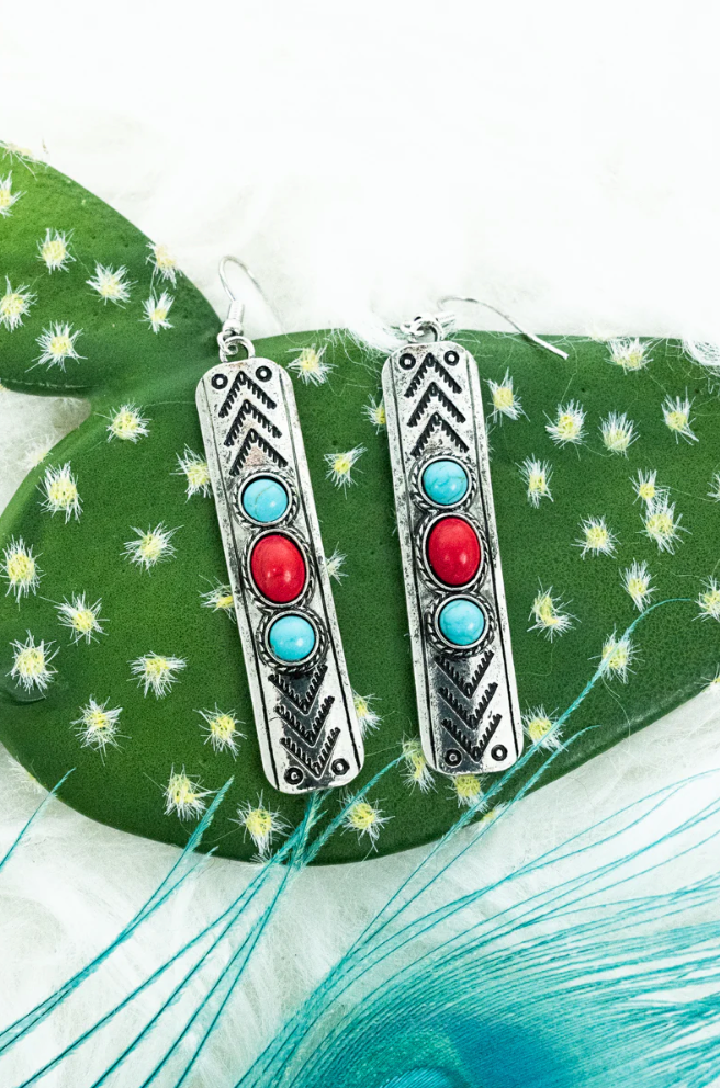 Turquoise And Red Willowcreek Silvertone Earrings