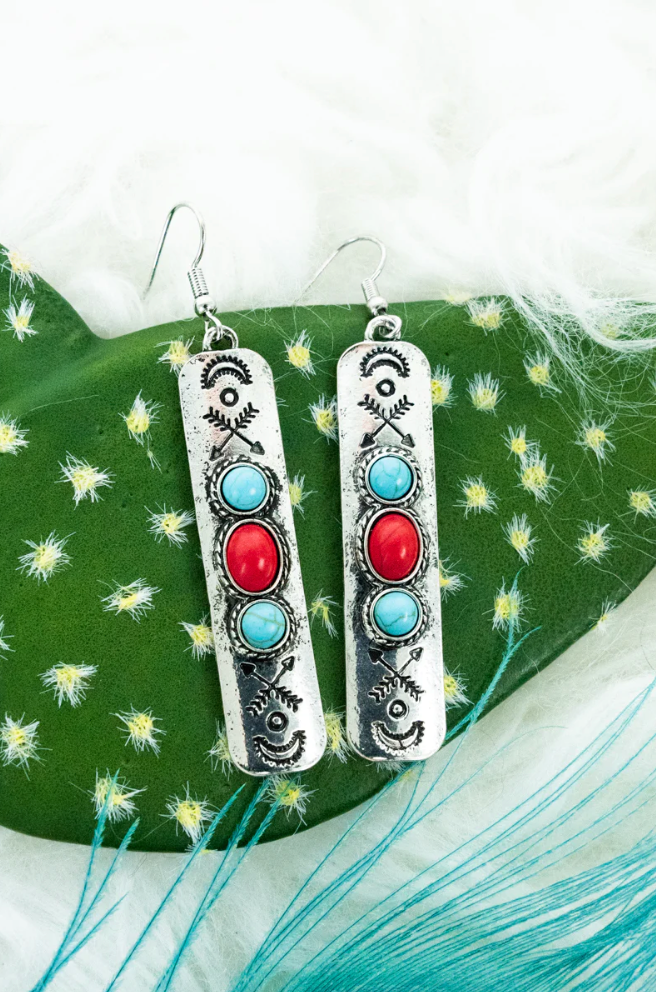 Turquoise and Red Keyes Canyon silver tone Earrings