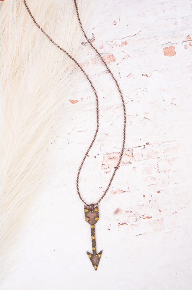 Topaz Crystal Accented Burnished Silvertone Arrow Pendant Necklace