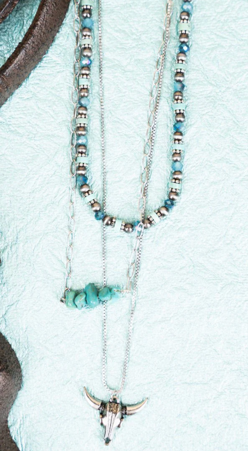 Burnt Orange or Turquoise Silvia steer Skull Layered Necklace