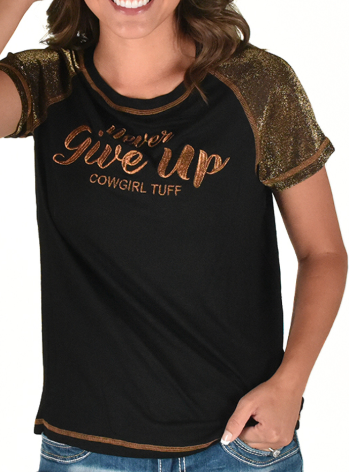 Cowgirl Tuff Tee with Never Give up Embroidery (Black Lightweight Slub with Copper Shimmer Breathe Sleeves)