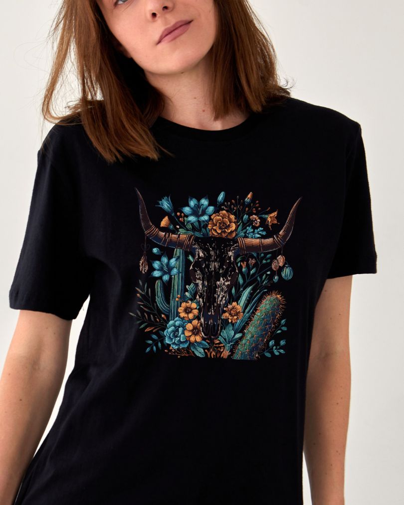 Western Floral Skull Unisexed TShirt - black