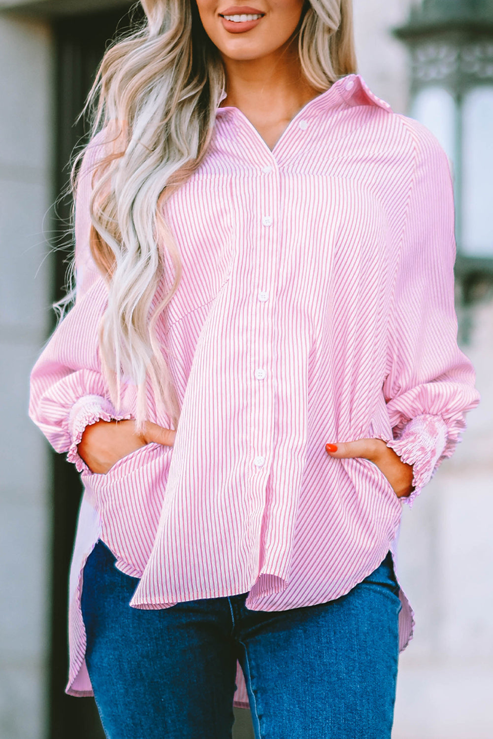 Stripe Smocked Button-Up Shirt