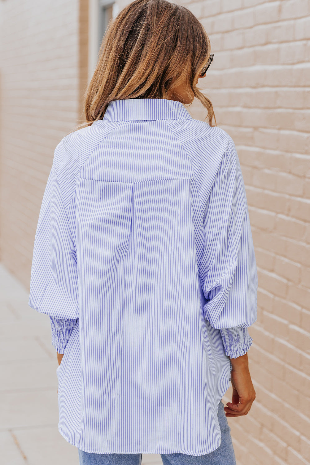 Stripe Smocked Button-Up Shirt