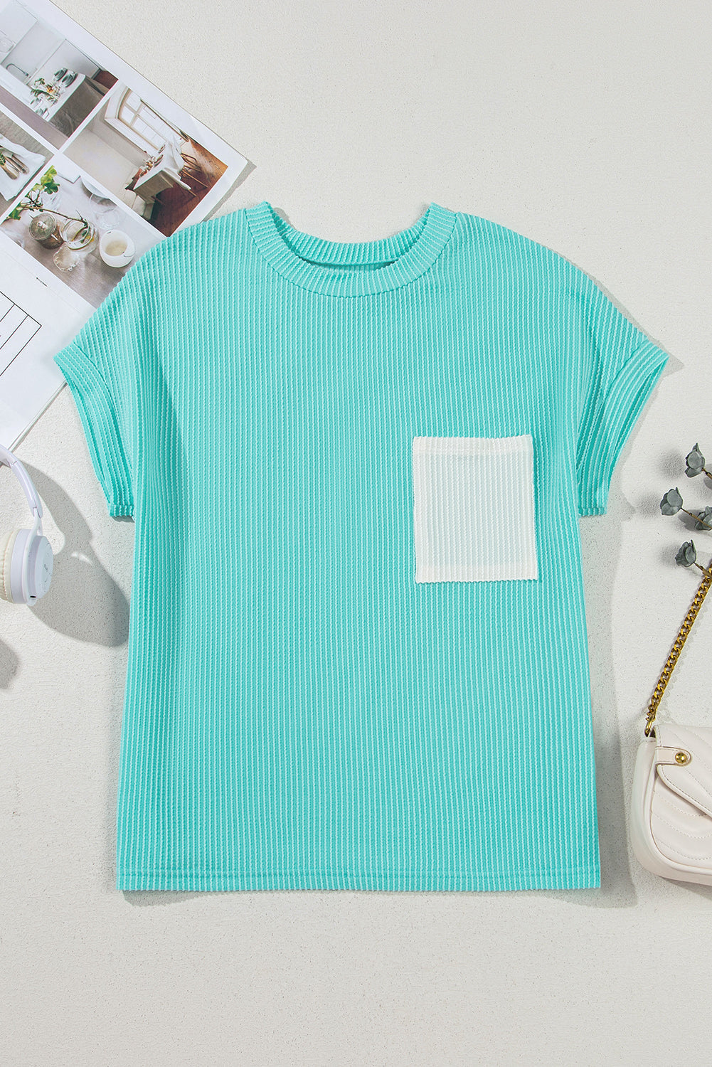 Colorblock Corded Knit Chest Pocket T-Shirt