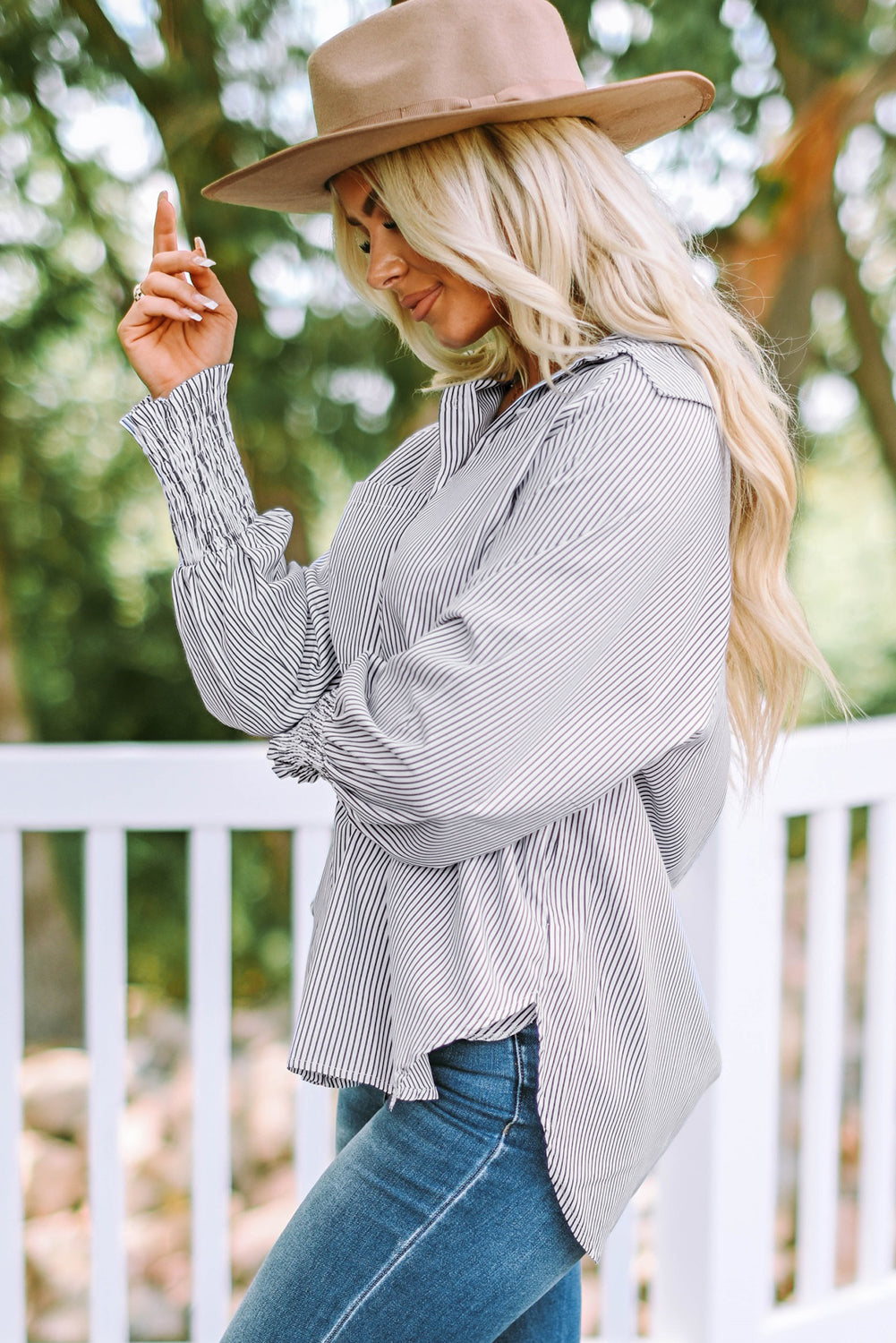 Stripe Smocked Button-Up Shirt