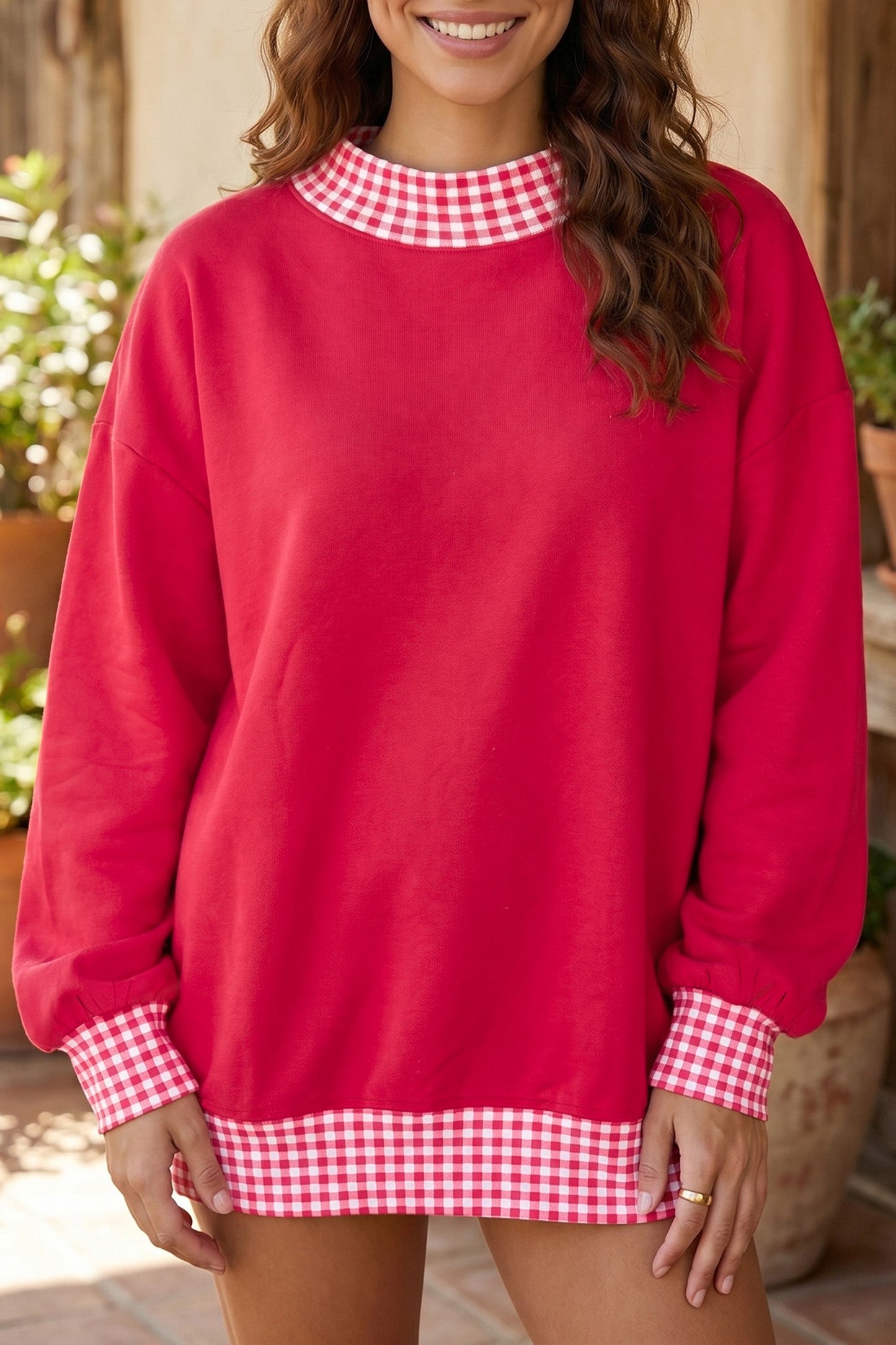 Gingham Contrast Trim Long Sleeve Sweatshirt