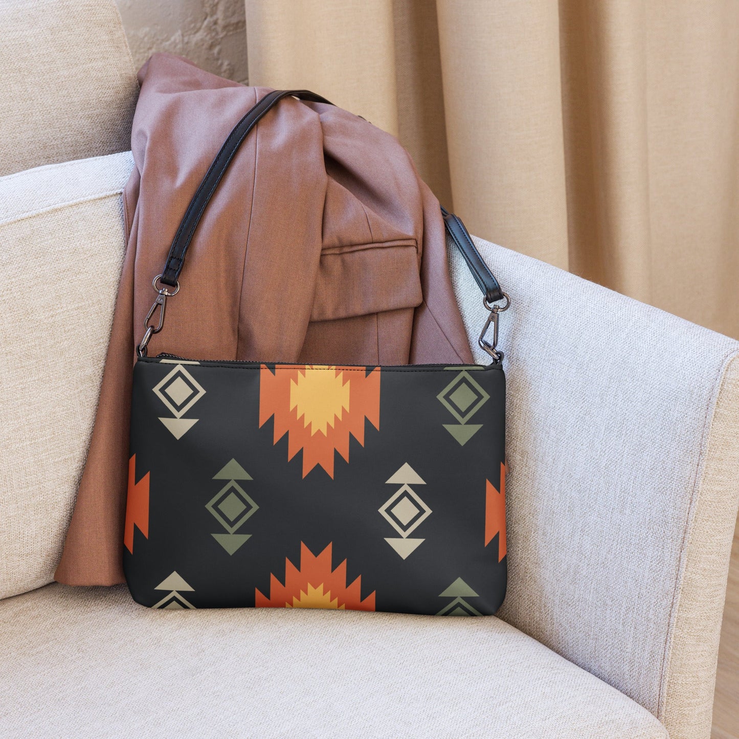 Black Aztec Crossbody bag with Adjustable Strap