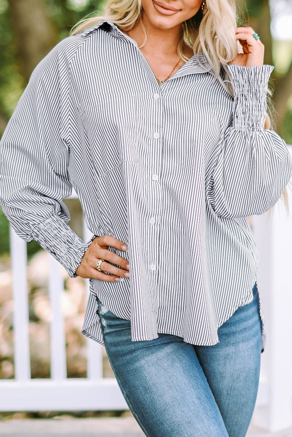 Stripe Smocked Button-Up Shirt