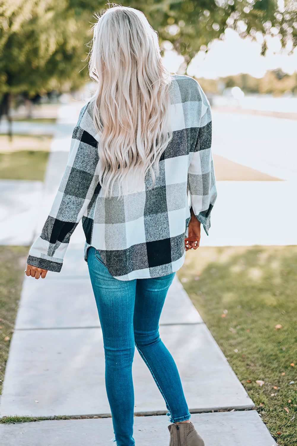 Plaid Colorblock Button-Up Long Sleeve Pocketed Shacket