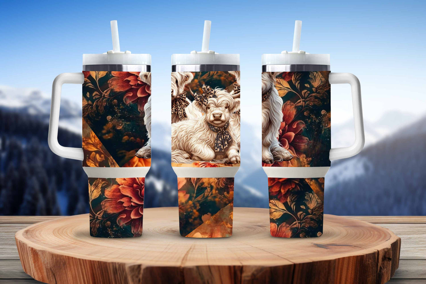 Floral Highland Cow 40 oz. Stainless steel tumbler