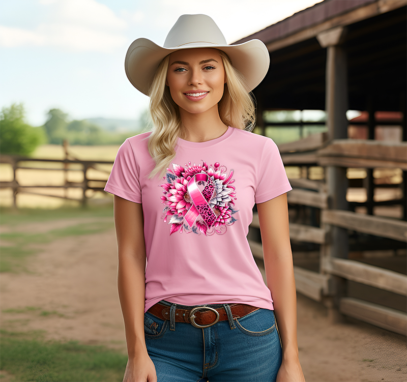 Breast Cancer Floral Leopard Ribbon Graphic T-shirt