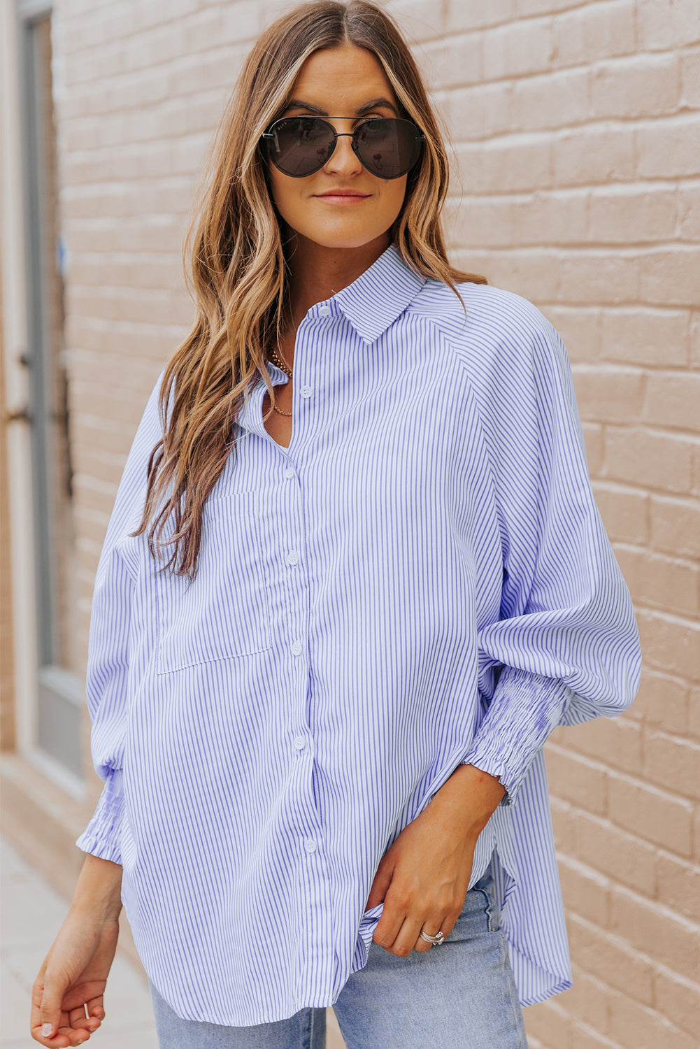 Stripe Smocked Button-Up Shirt