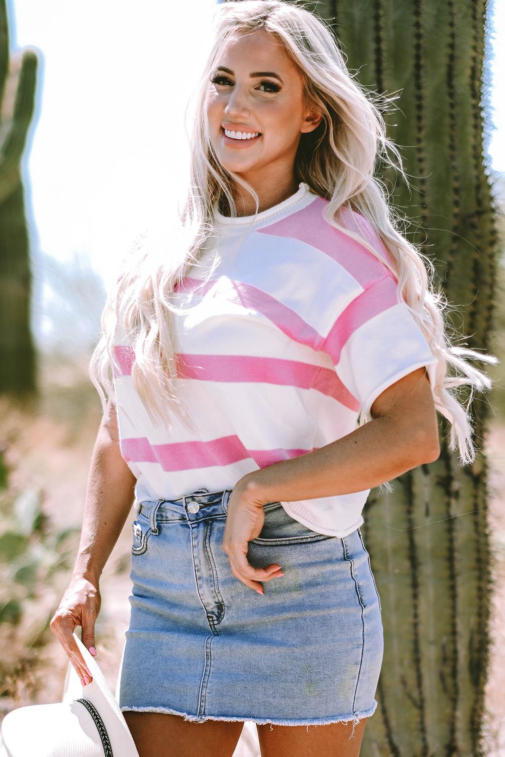 Stripe Knit Drop Short Sleeve Sweater