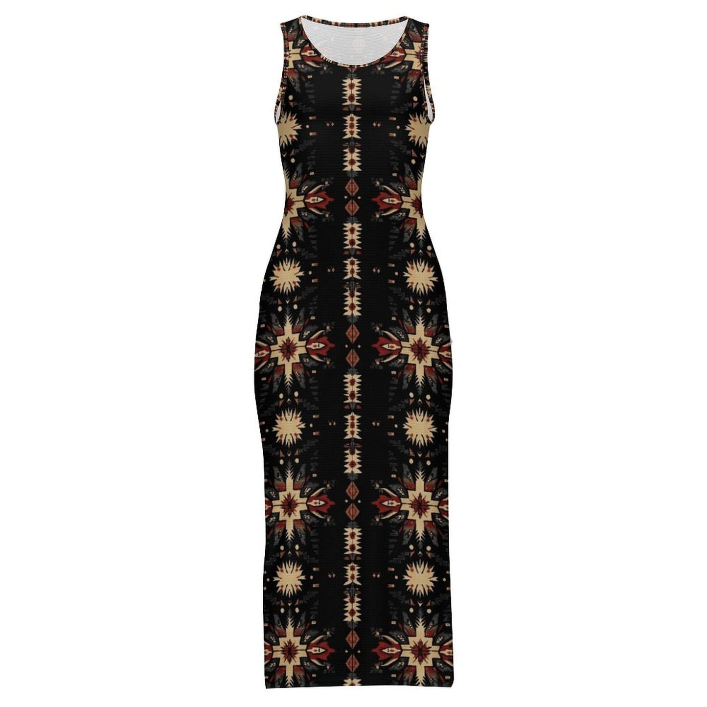 Black and Tan Aztec Bodycon Side Slit Western Maxi Dress