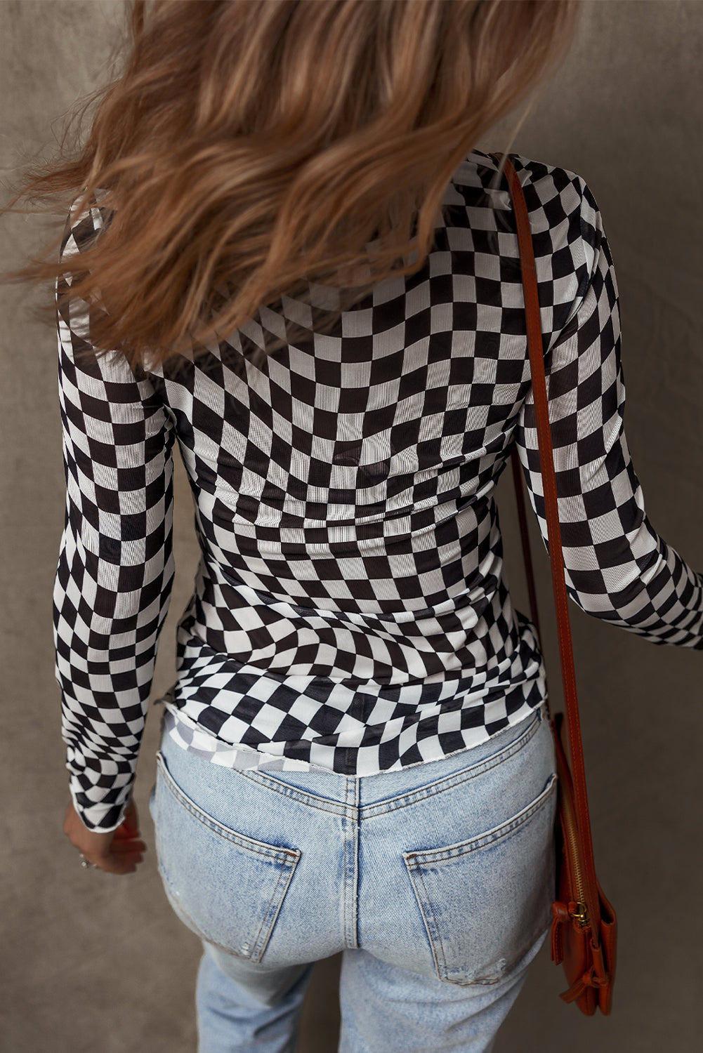 Checker Mesh Mock Neck Long Sleeve Top