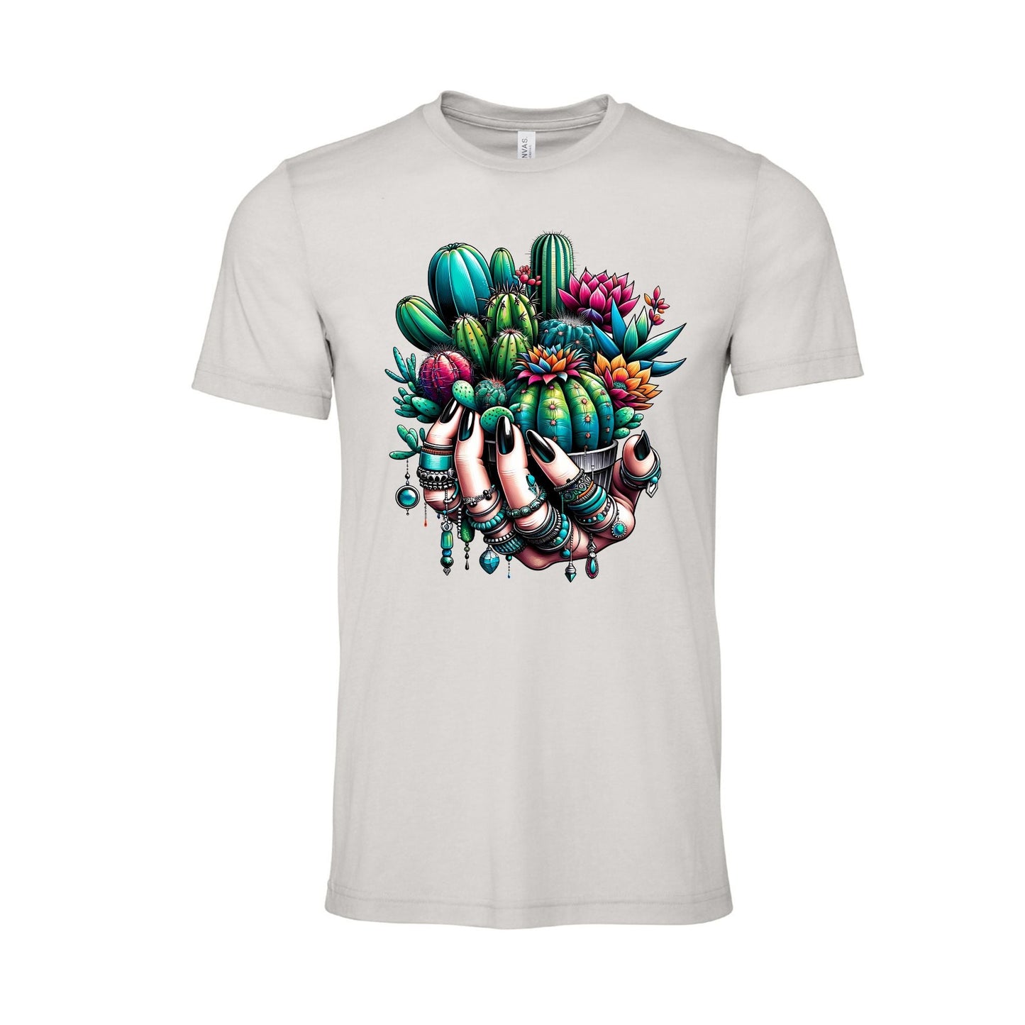 Cactus and Turquoise Gems in Hand - Light Grey