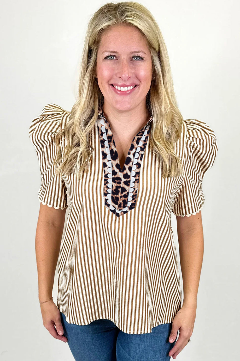 Leopard Patchwork Collared V-Neck Puff Sleeve Blouse