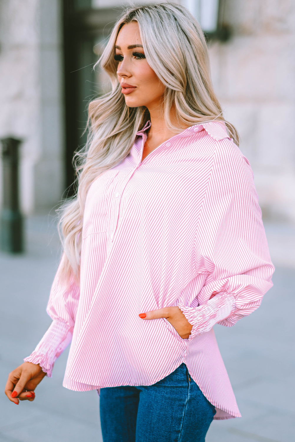 Stripe Smocked Button-Up Shirt