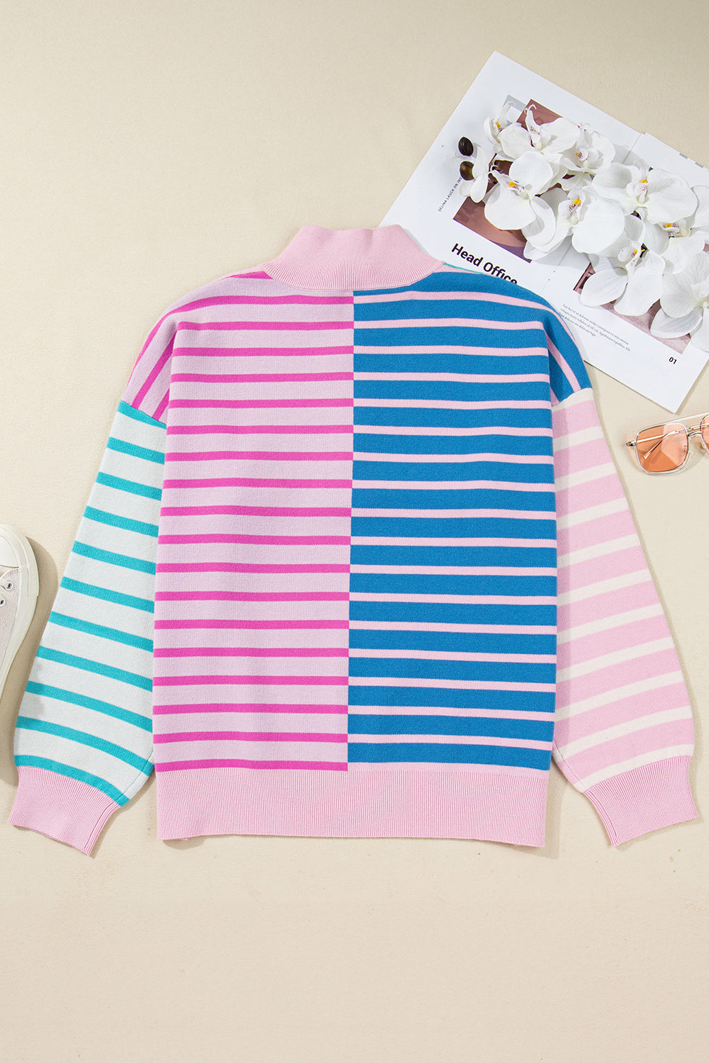 Plus Size Stripe Colorblock Half Zip Sweater