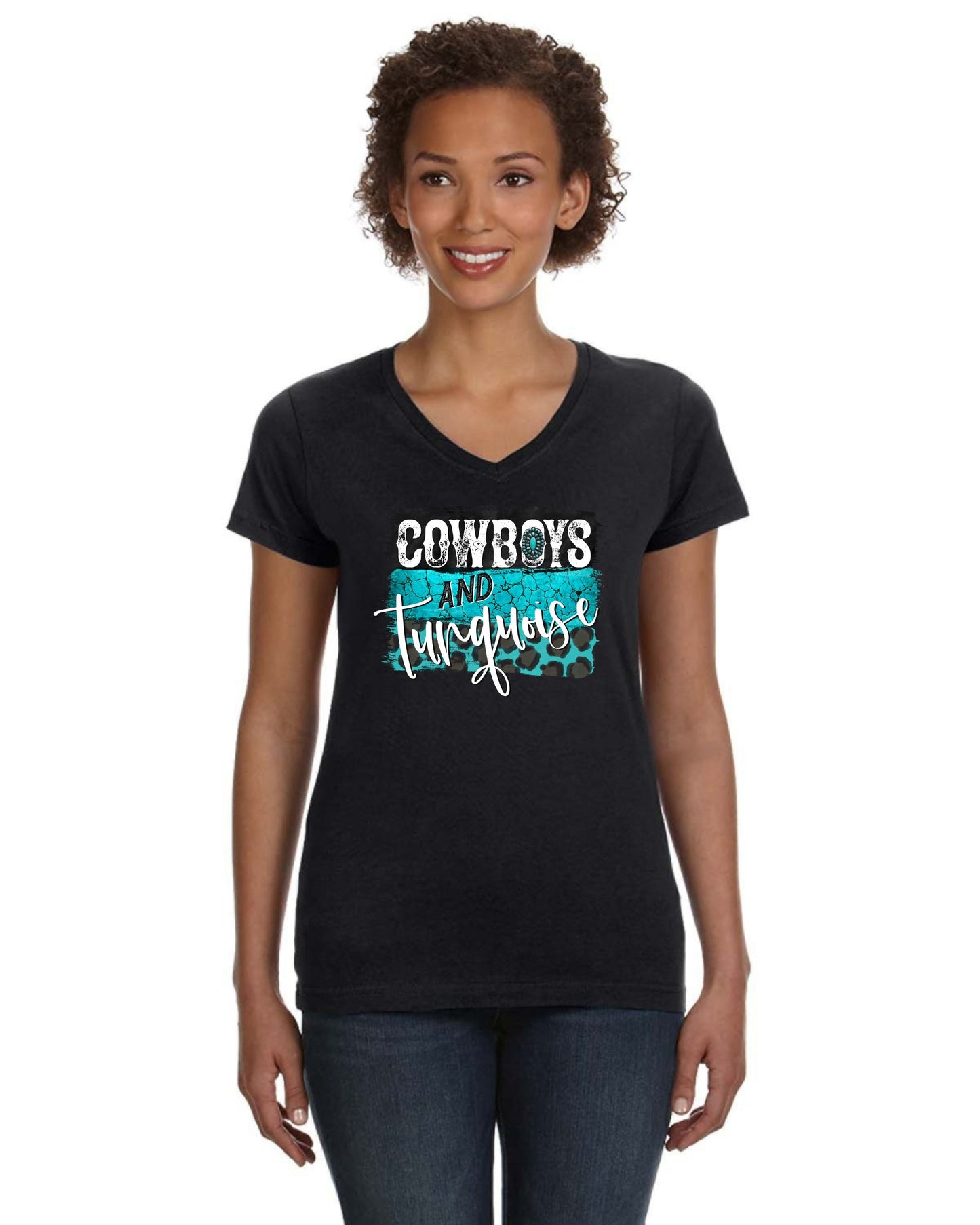 Cowboys and Turquoise Graphic V-Neck T-shirt - NEW