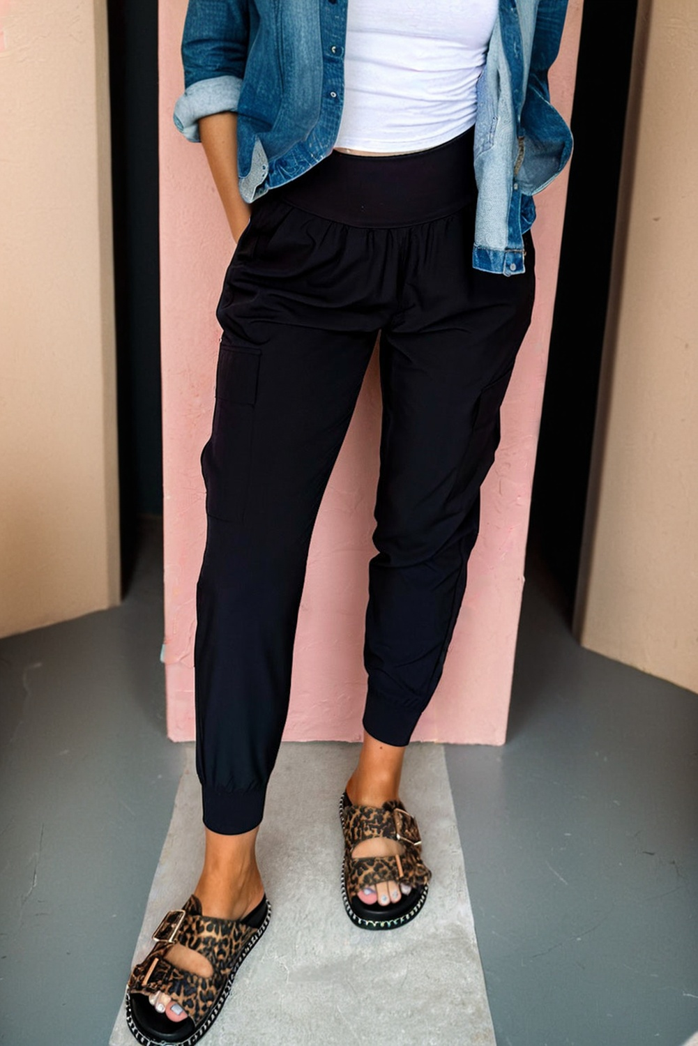 Solid Elastic High Waist Pocketed Jogger Pants