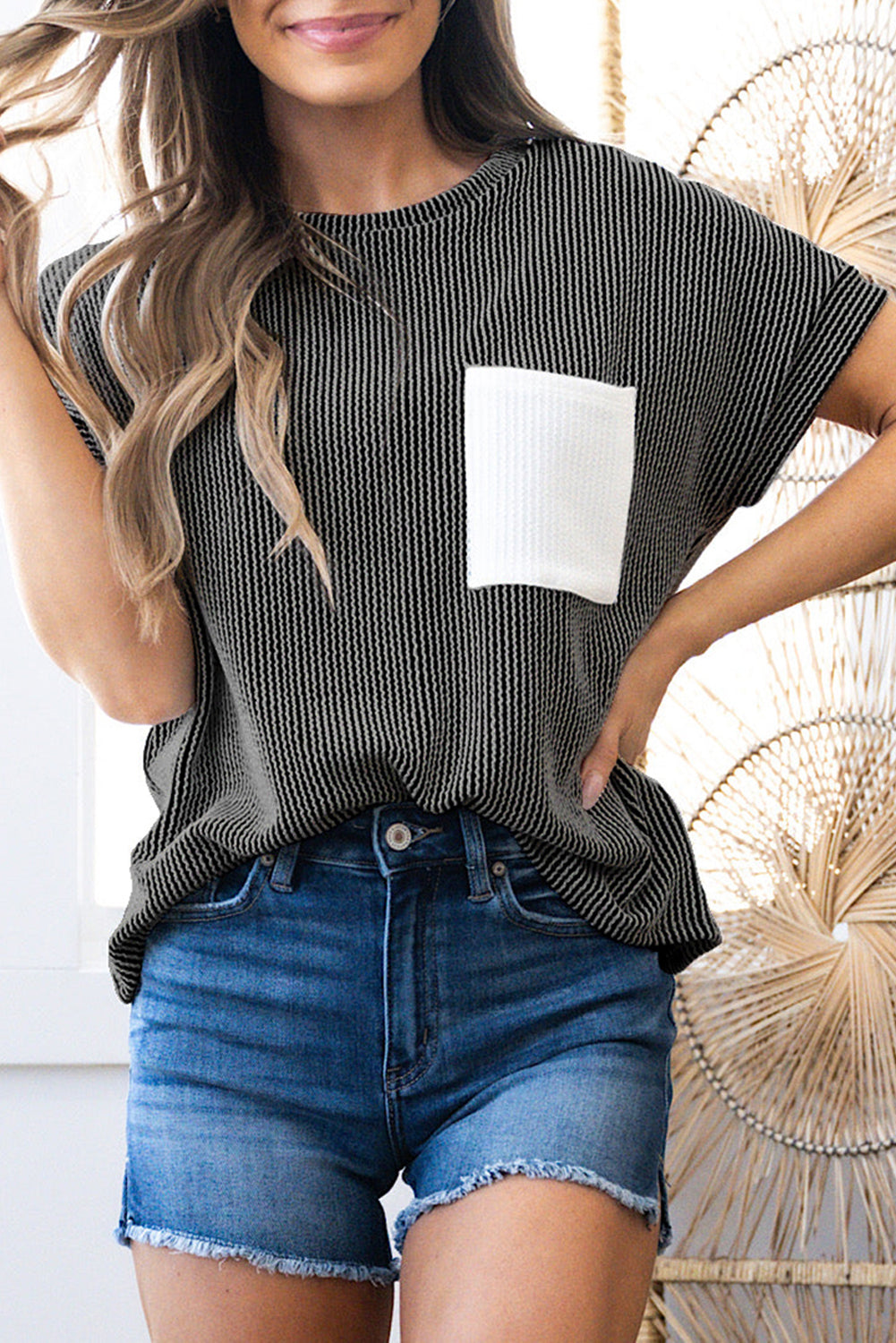 Colorblock Corded Knit Chest Pocket T-Shirt