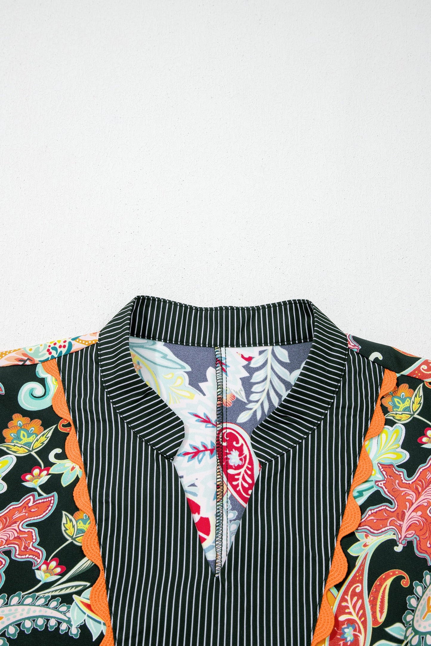 Floral Stripe Patchwork Ricrac Trim Blouse