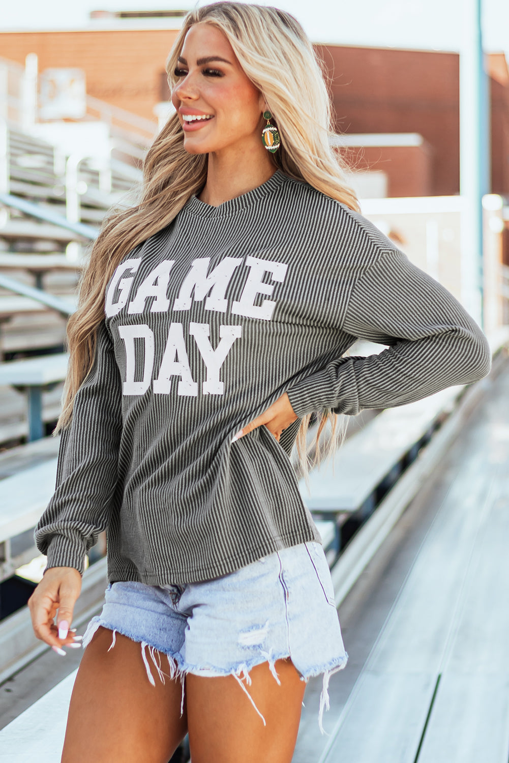 GAME DAY Textured Long Sleeve Crewneck Top ( This is. Drop ship and NOT available for pick up )