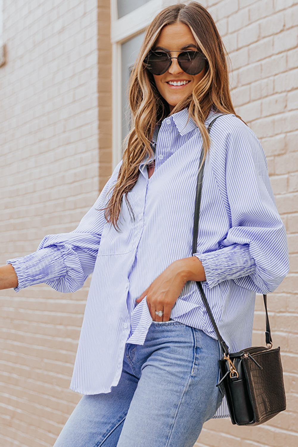 Stripe Smocked Button-Up Shirt