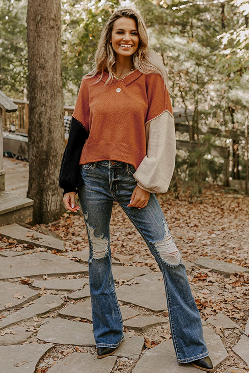 Colorblock Raw Edge Bubble Sleeve V-Neck Sweater